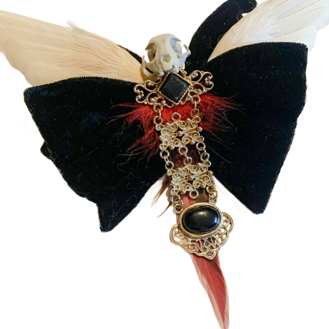 Hellegance Reimagined Black Velvet 1970s Clip on Bow Tie Antique Bird Wings and Skull