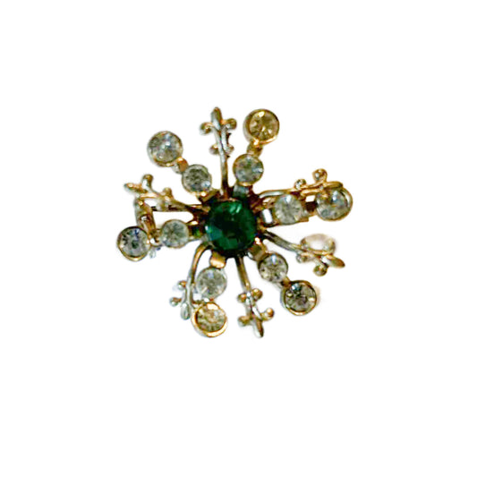 Emerald Green Rhinestone Snowflake Brooch with Fleur de Lis circa 1950s