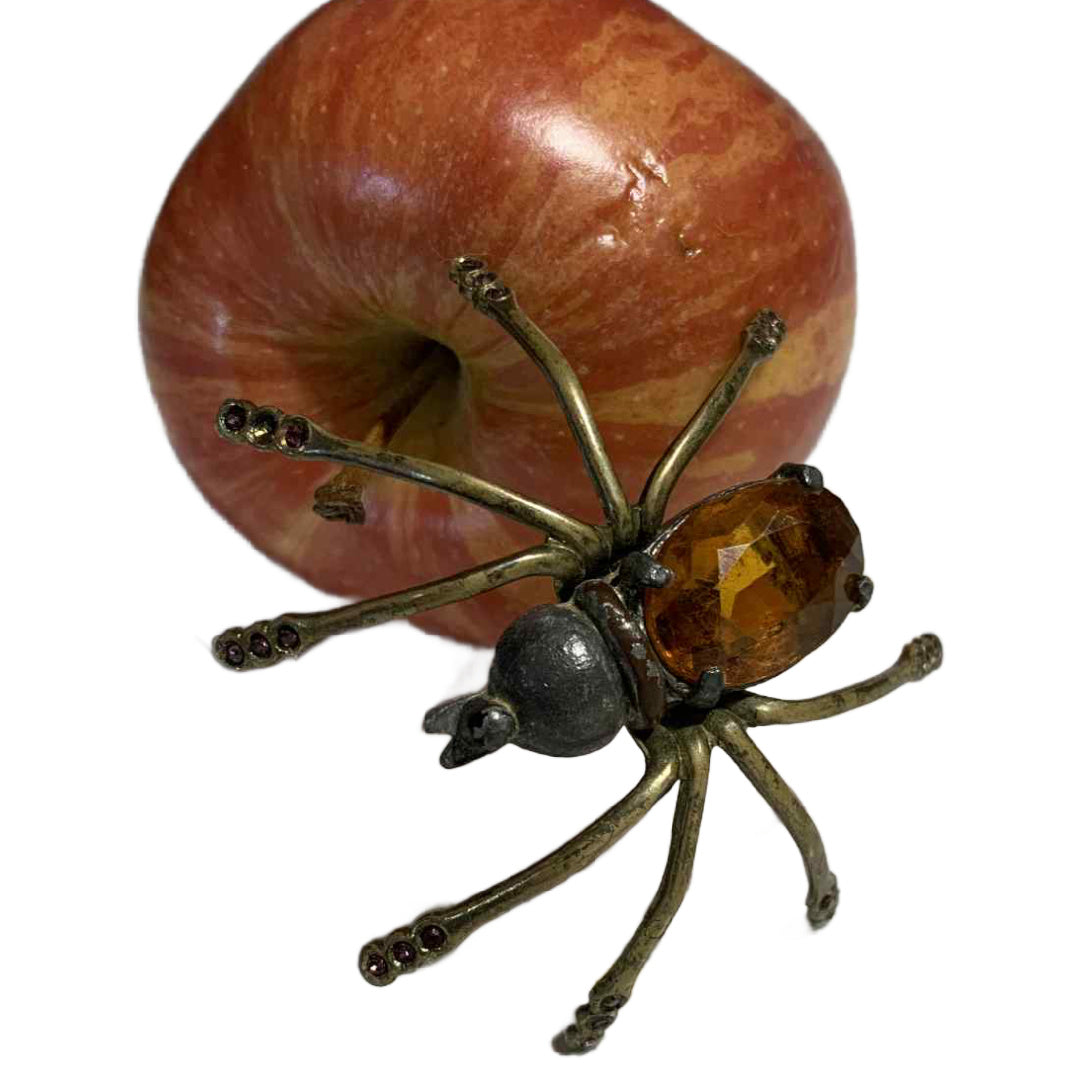 Rare Topaz Colored Czech Glass Spider Brooch with Purple Rhinestones on Legs circa 1940s