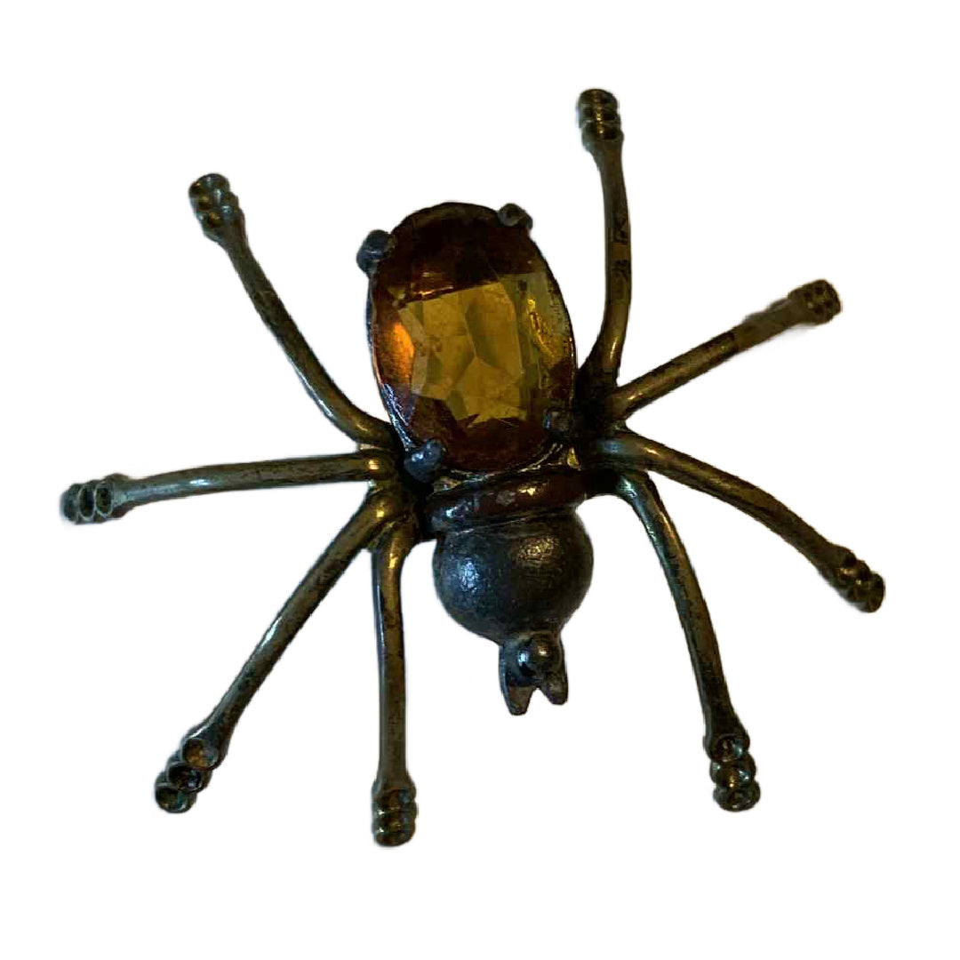 Rare Topaz Colored Czech Glass Spider Brooch with Purple Rhinestones on Legs circa 1940s