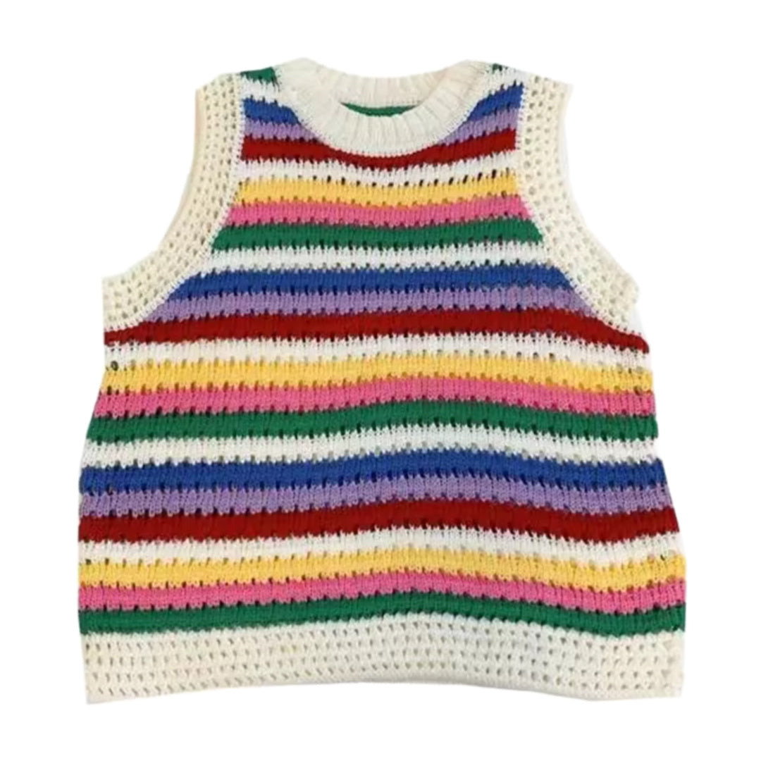 Lined- the Rainbow Striped Crochet Sleeveless Knit Top