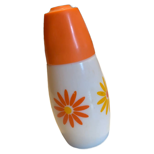 Bright Orange and Yellow Daisy Enameled Milk Glass Sugar Shaker 1970s