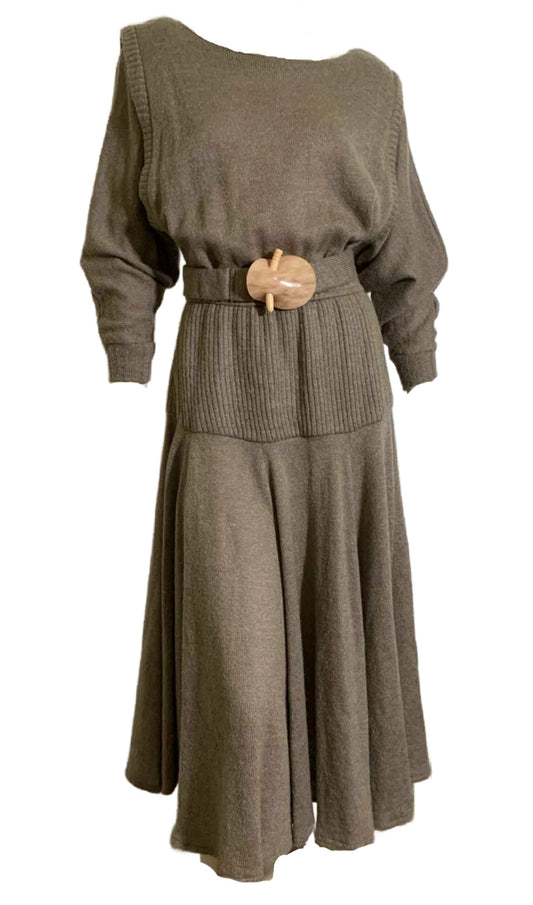 Heathered Oatmeal Knit Wool Sweater Dress circa 1980s