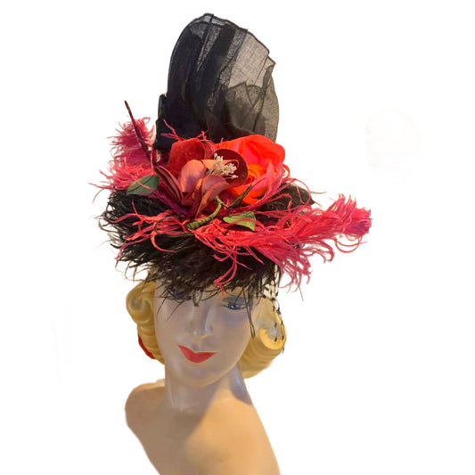 Moulin Rouge Reimagined Shades of Red and Pink Feather and Flower Black Velvet Tilt Hat