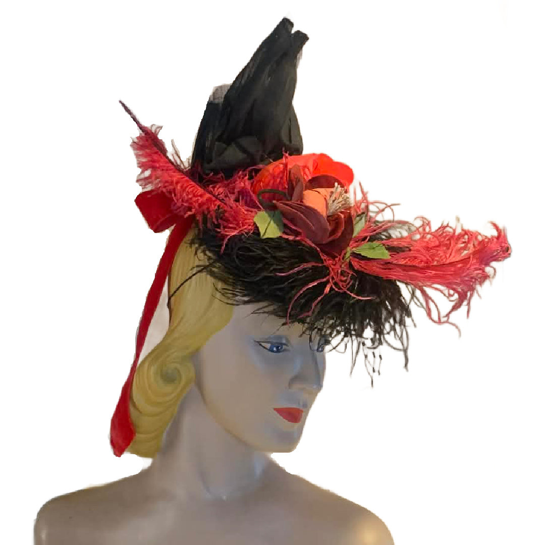 Moulin Rouge Reimagined Shades of Red and Pink Feather and Flower Black Velvet Tilt Hat