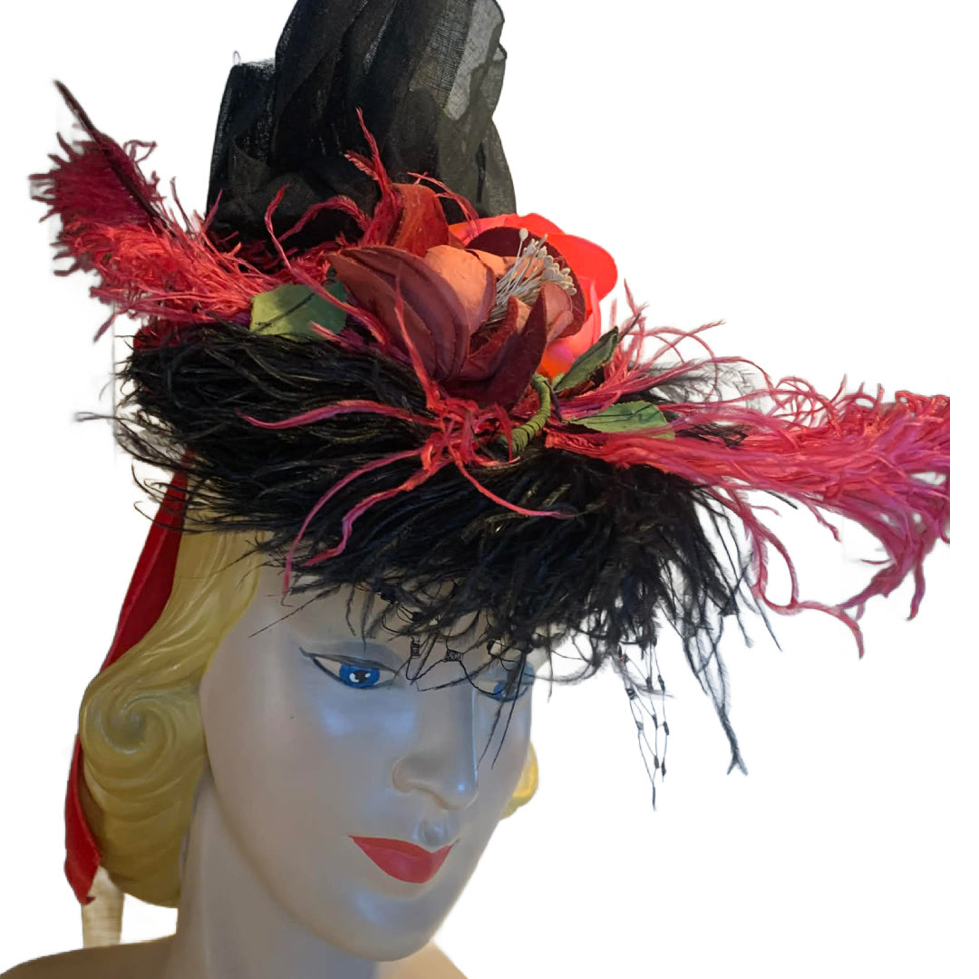 Moulin Rouge Reimagined Shades of Red and Pink Feather and Flower Black Velvet Tilt Hat