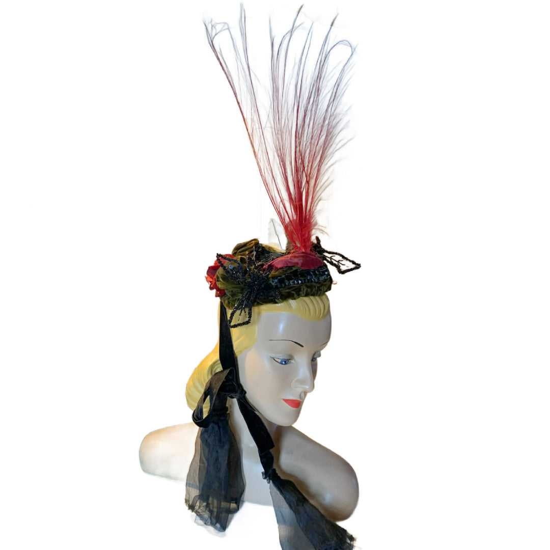 Great Heights Red Feather Topped Velvet Victorian Reimagined Antique Hat