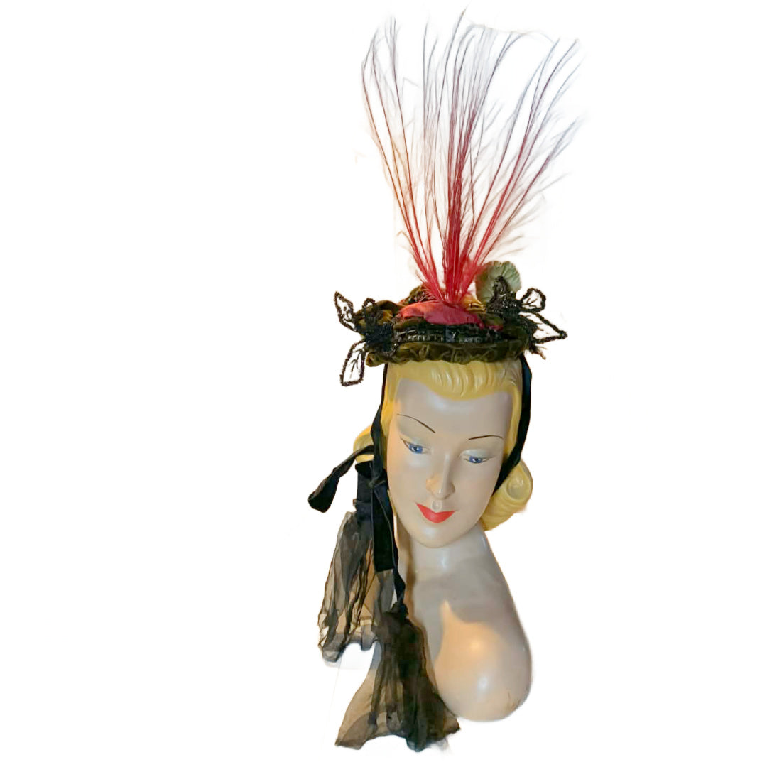 Great Heights Red Feather Topped Velvet Victorian Reimagined Antique Hat