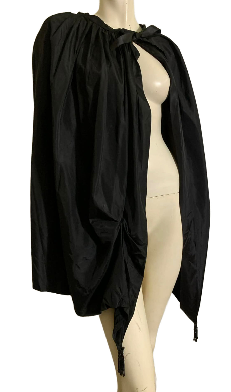 Black Weighted Silk Asymmetrical Overskirt Jet Beaded Tassels circa 1910s