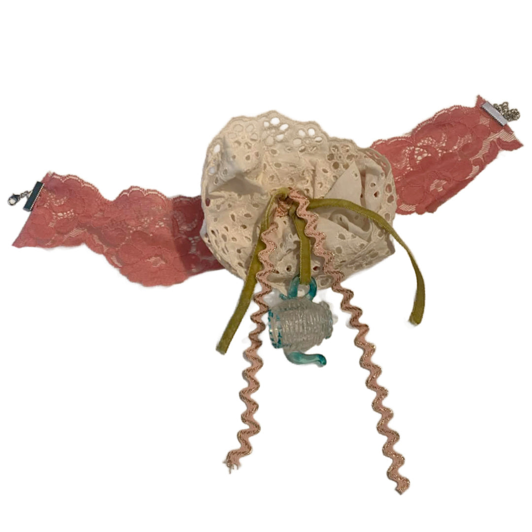 Tea Time Reimagined Pink Vintage Lace Choker Necklace with Ribbon & Vintage Teapot Pendant
