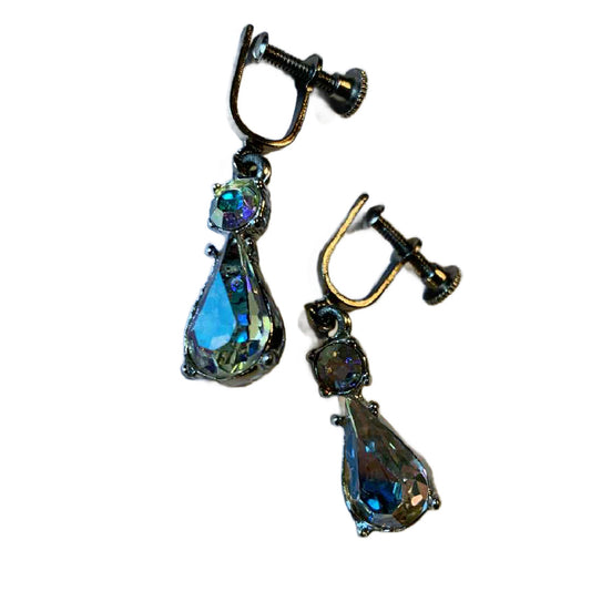 Iridescent Tear Drop Rhinestone Screwback Clip Earrings circa 1940s