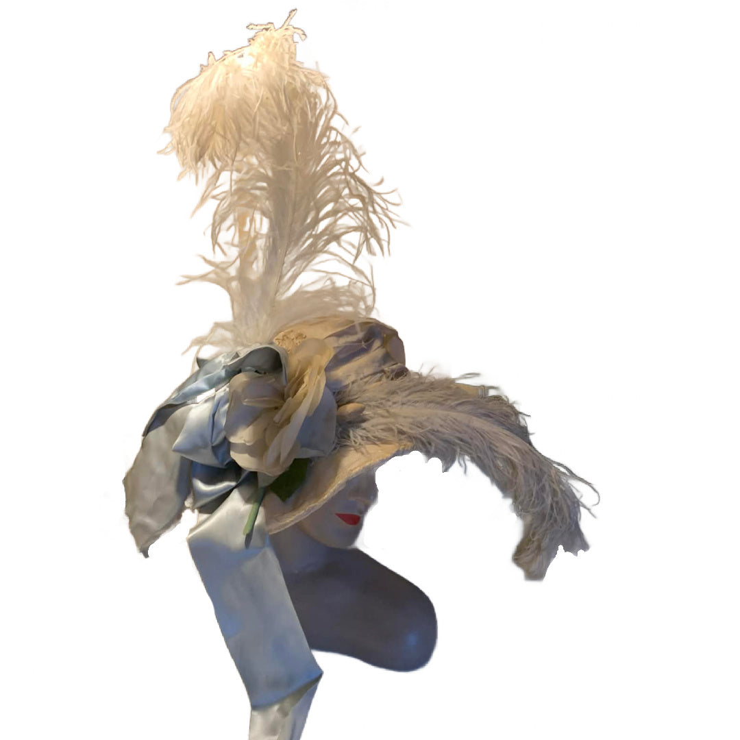 The Bride Reimagined Edwardian Silk Hat and Flowers with Antique Hanky, Pale Blue Ribbon and Feathers