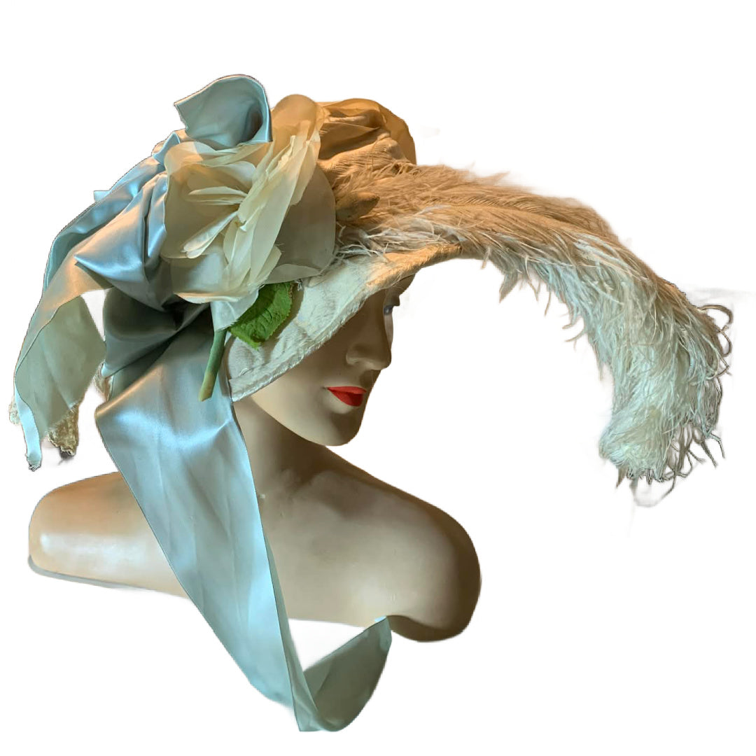 The Bride Reimagined Edwardian Silk Hat and Flowers with Antique Hanky, Pale Blue Ribbon and Feathers