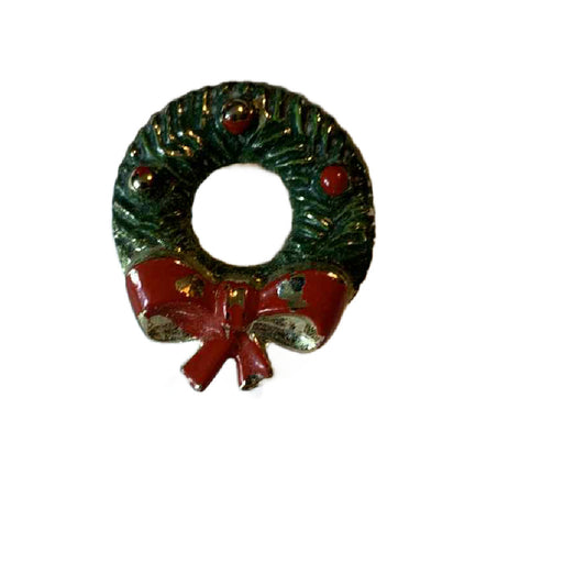 Mini Green Enameled Metal Holiday Wreath Brooch circa 1960s