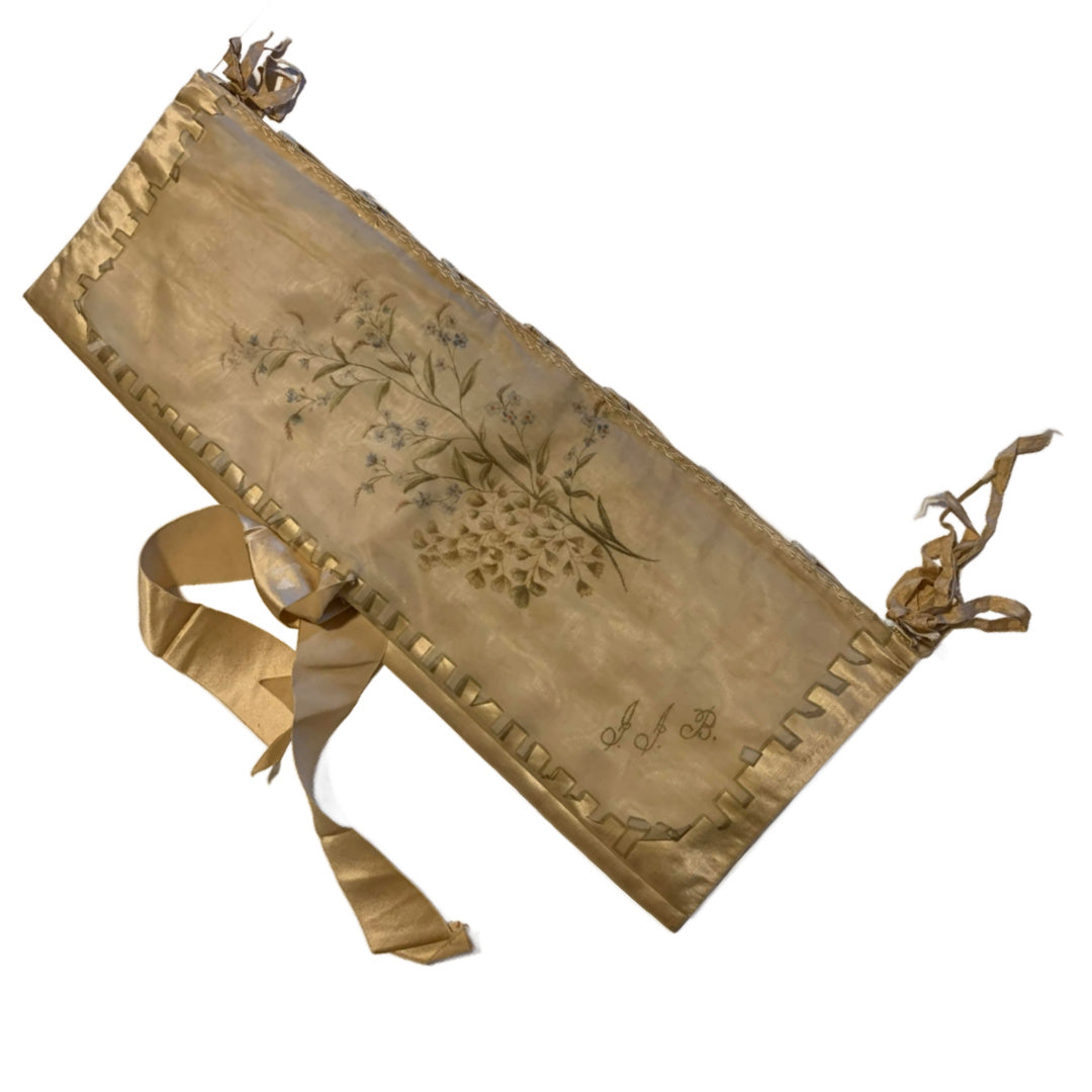 Ivory Silk Lingerie Keeper with Stenciled Flowers & Ribbons circa 1890s