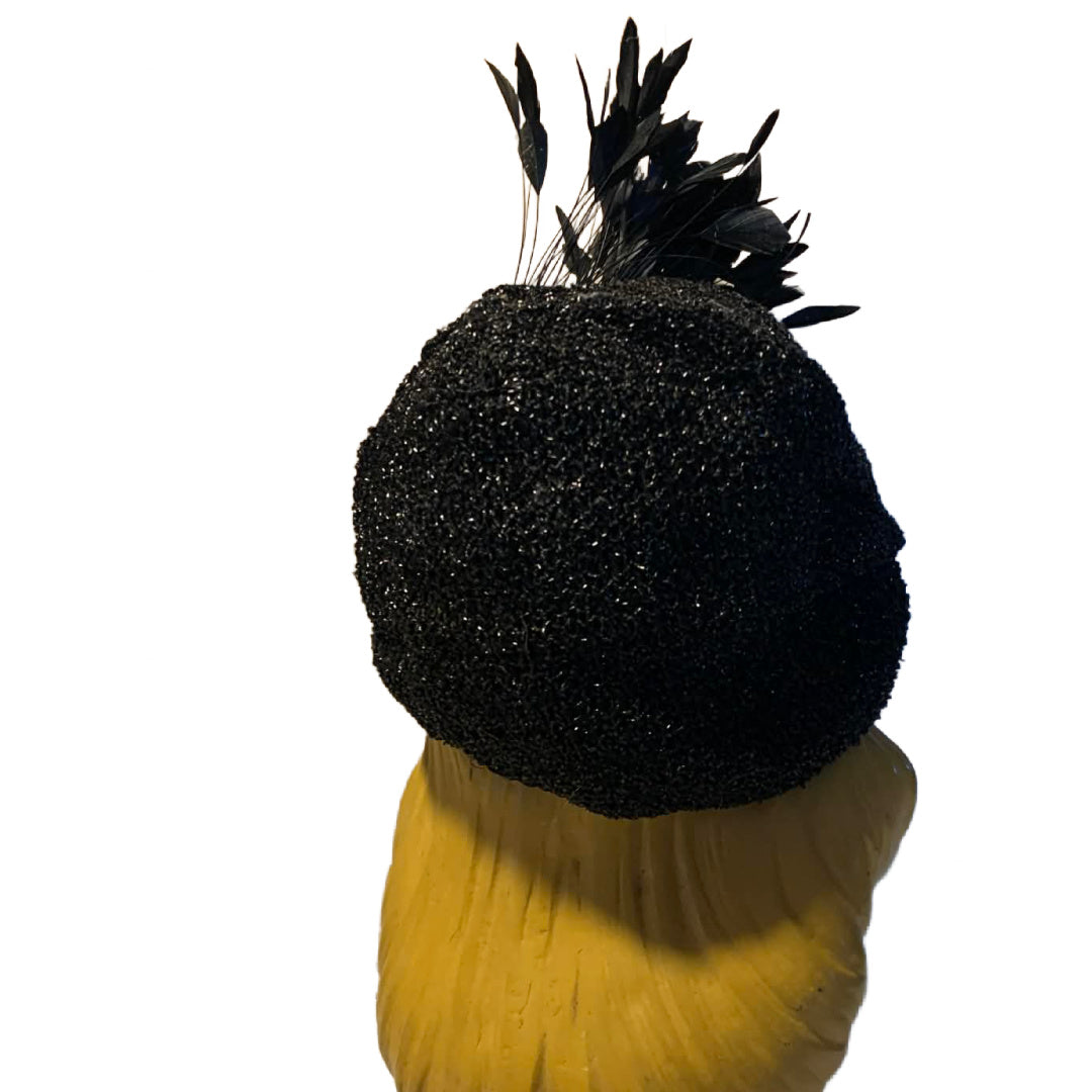 Black Bird Reimagined Metallic Turban Style Hat with Antique Feather and Sequin Accent