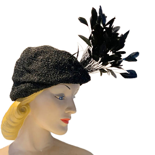 Black Bird Reimagined Metallic Turban Style Hat with Antique Feather and Sequin Accent