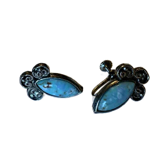 Turquoise Inlay Screwback Clip Earrings circa 1940s
