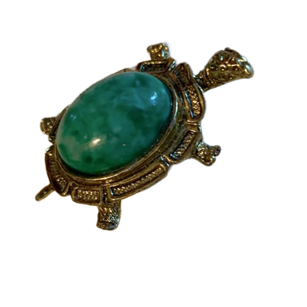Golden Metal Turtle Brooch with Green Cabochon Back circa 1970s