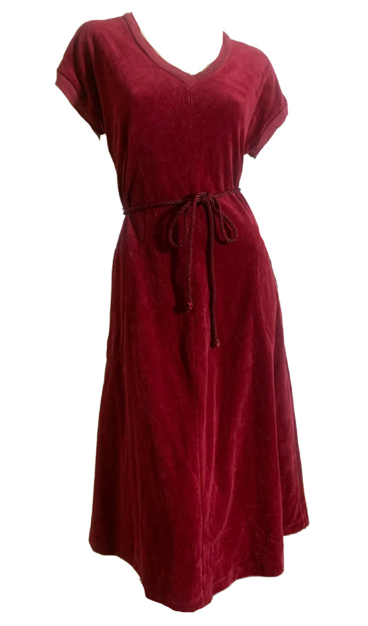 Burgundy Velour Dress with Cord Sash and Pockets circa 1980s
