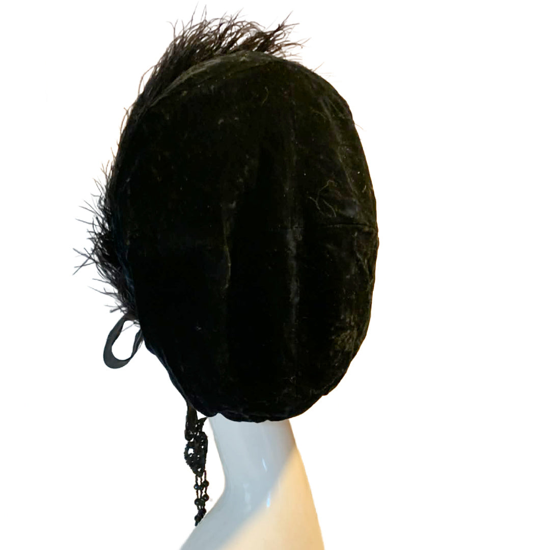 Capot Noir Reimagined Vintage Black Velvet Hood Antique Feather, Ribbon and Sacred Heart Jet Bead Fobs