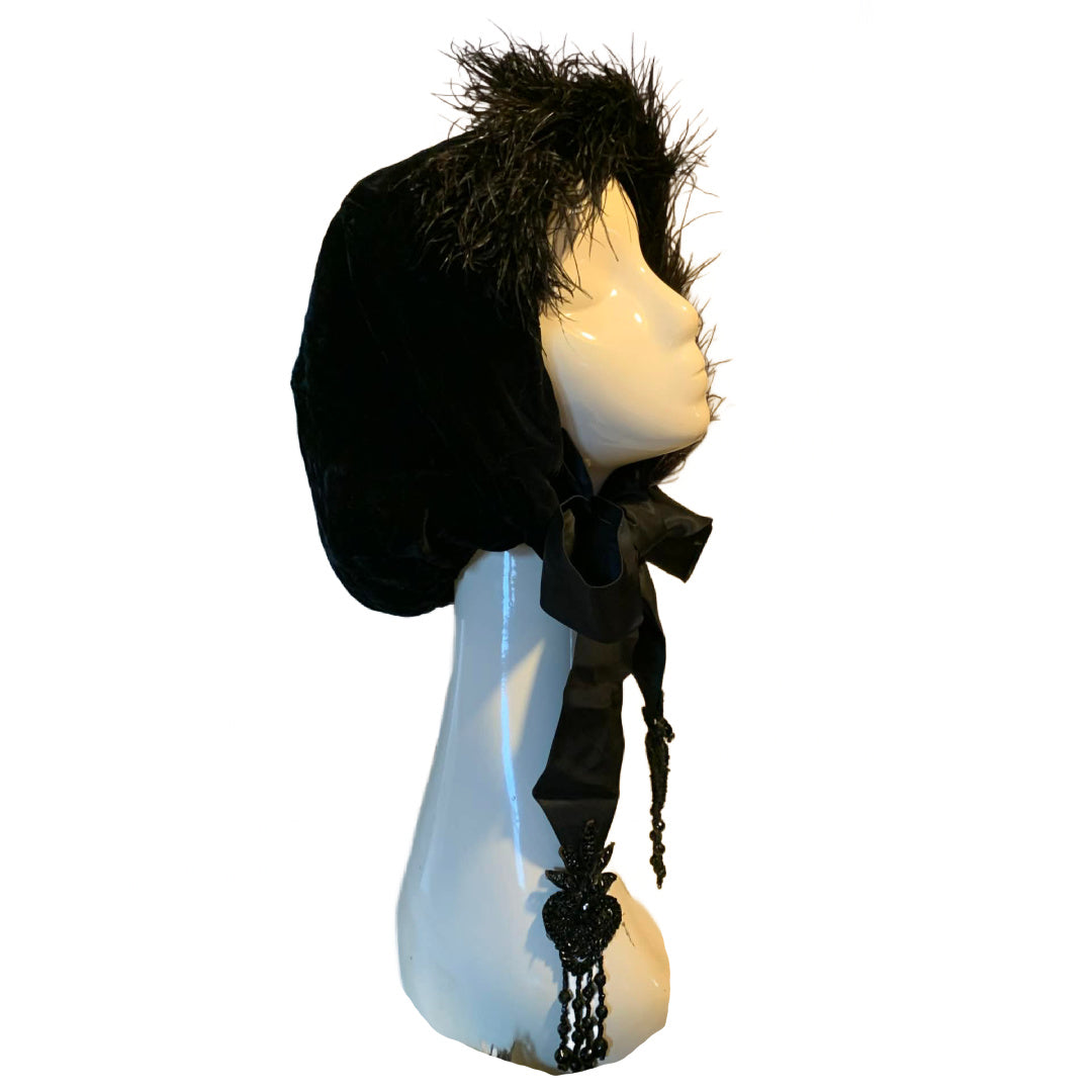 Capot Noir Reimagined Vintage Black Velvet Hood Antique Feather, Ribbon and Sacred Heart Jet Bead Fobs