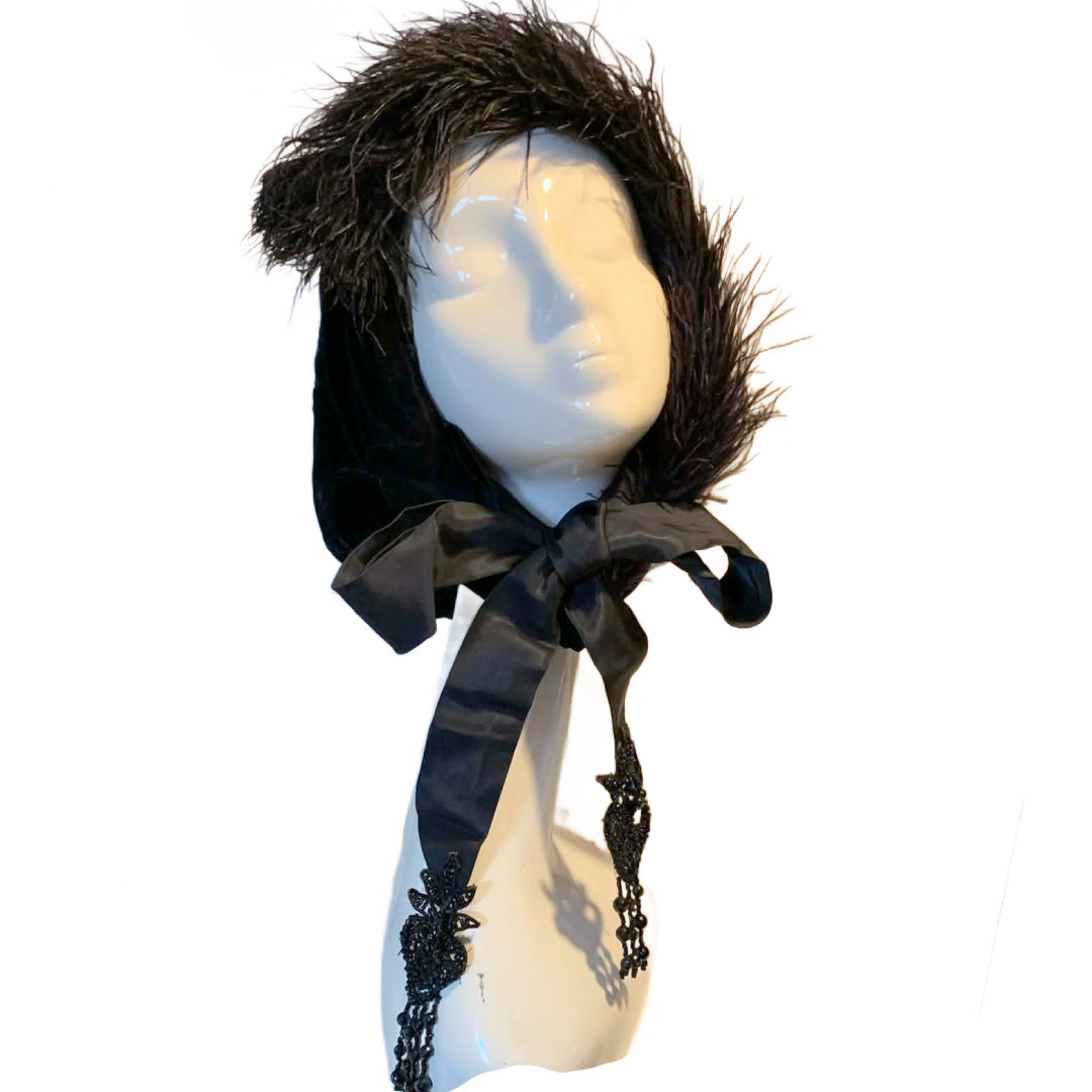 Capot Noir Reimagined Vintage Black Velvet Hood Antique Feather, Ribbon and Sacred Heart Jet Bead Fobs