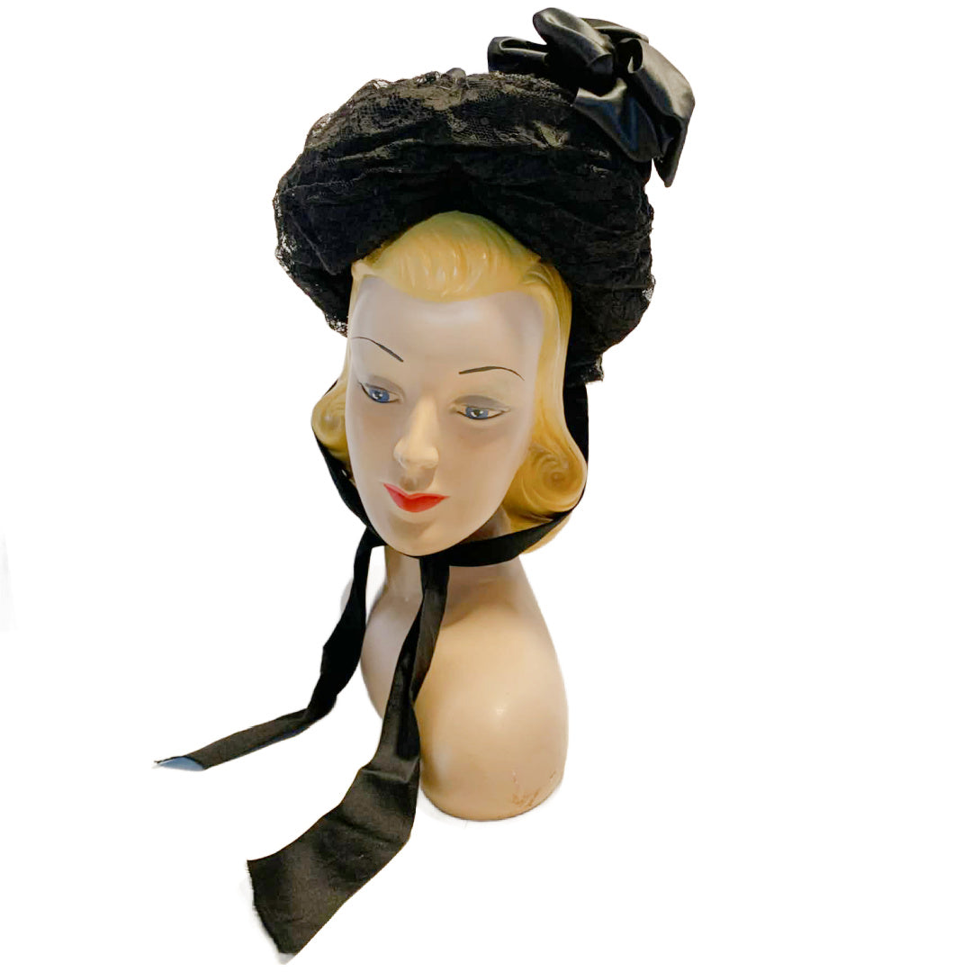 Black Horsehair Braid and Lace Mourning Bonnet circa 1890s