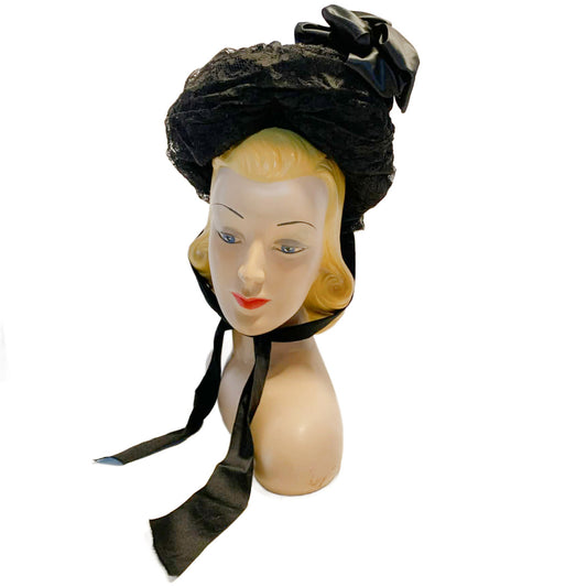 Black Horsehair Braid and Lace Mourning Bonnet circa 1890s
