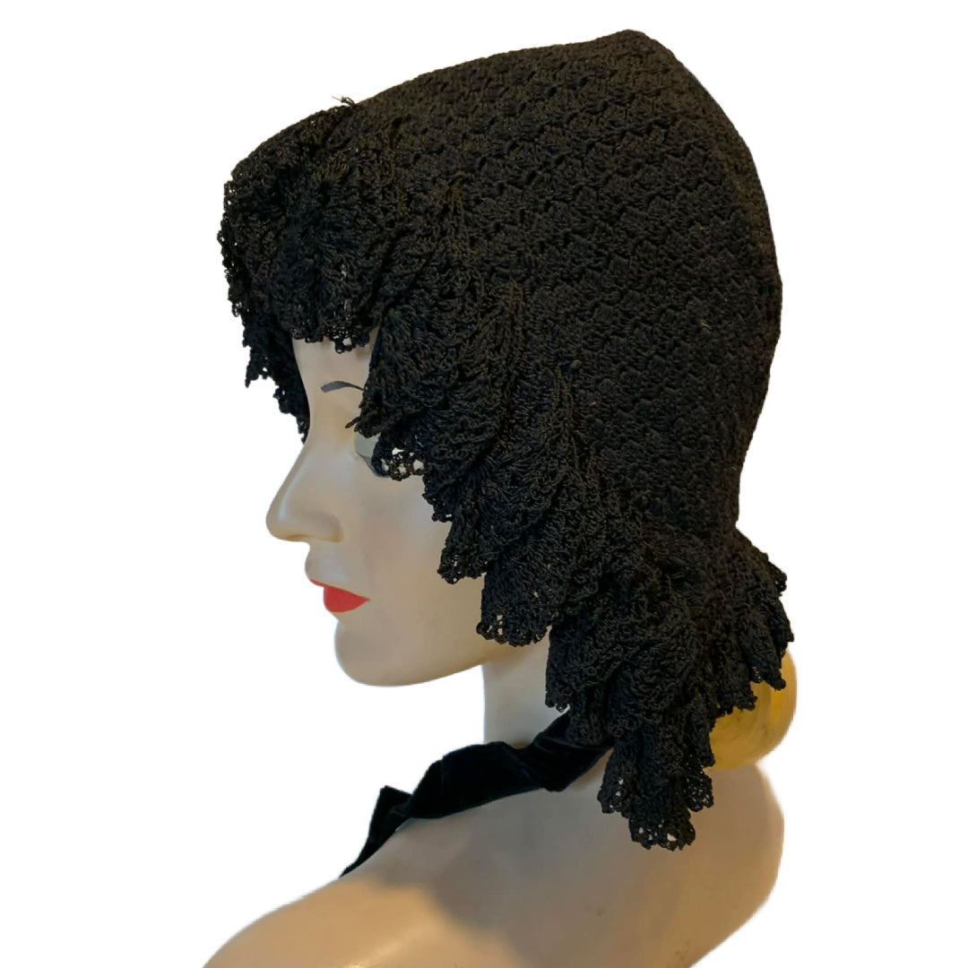 Black Silk Crocheted Bonnet circa 1890s