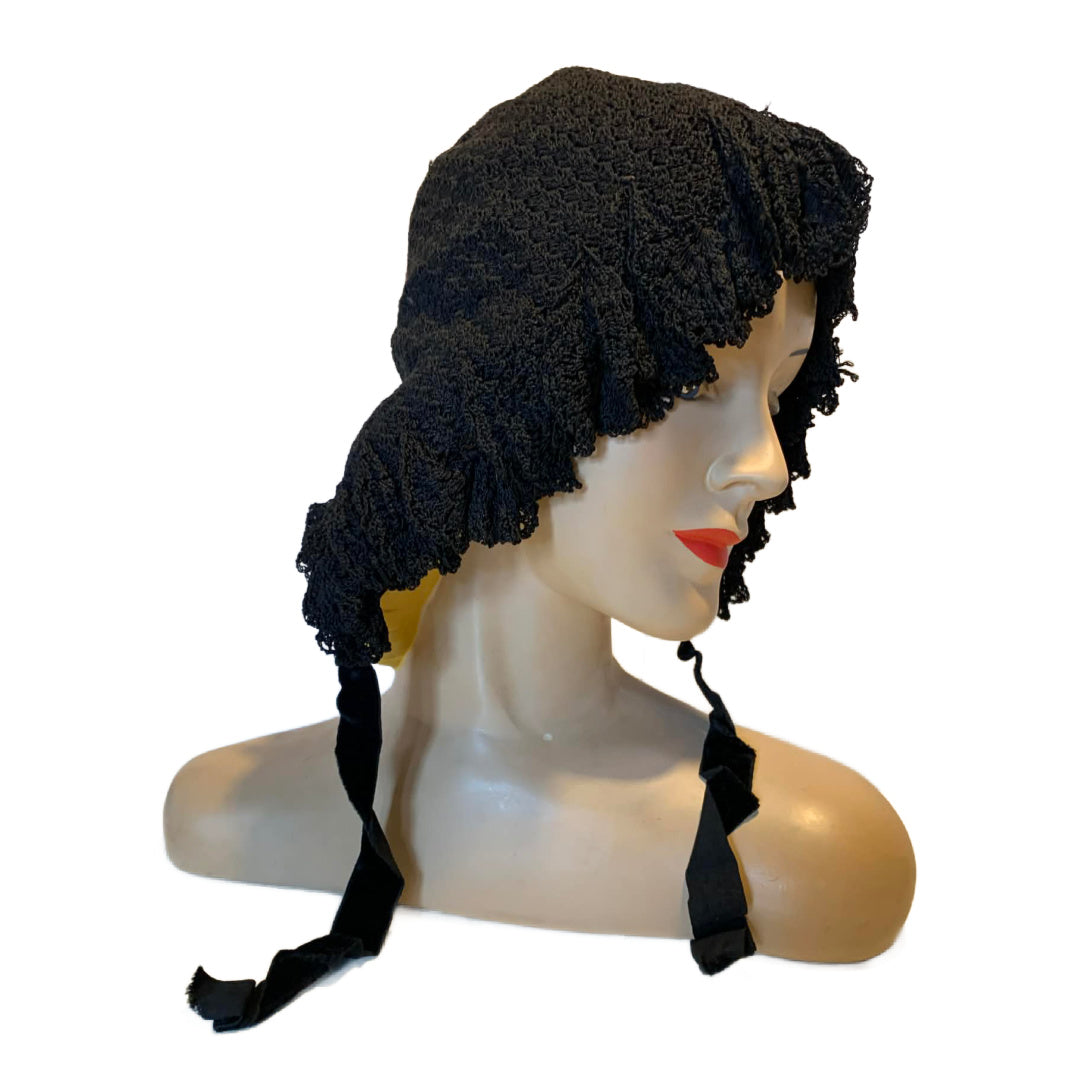 Black Silk Crocheted Bonnet circa 1890s