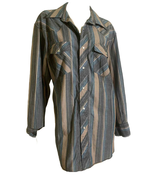 Tan and Blue Snap Front Men's Western Long Sleeved Shirt circa 1980s XL
