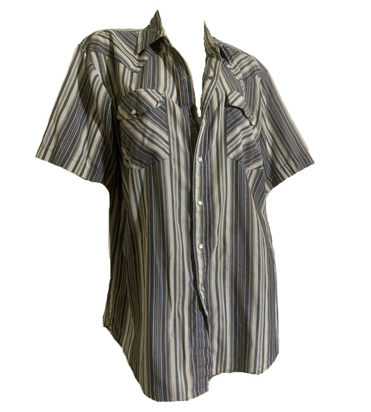 Blue, White and Red Striped Snap Front Men's Western Shirt circa 1980s L