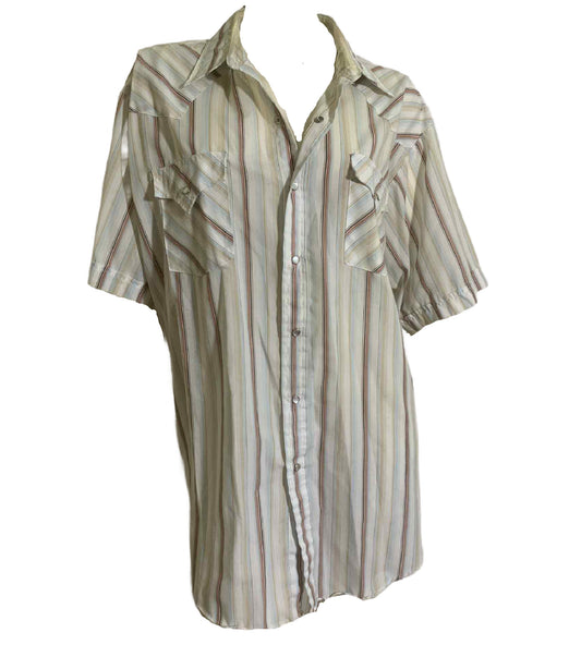 Tan, White and Blue Cotton Snap Front Men's Western Shirt circa 1980s XL