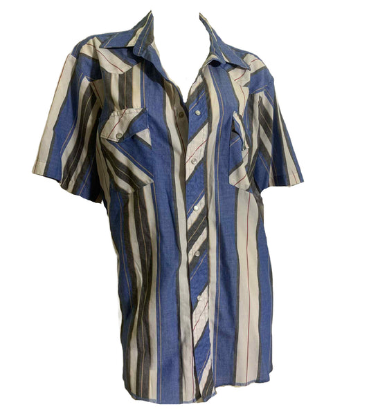 Wide Blue and White Striped Snap Front Men's Western Shirt circa 1980s XL