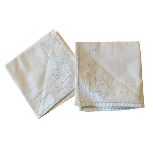 Set 2 White Handkerchiefs Light Blue Embroidery circa 1940s