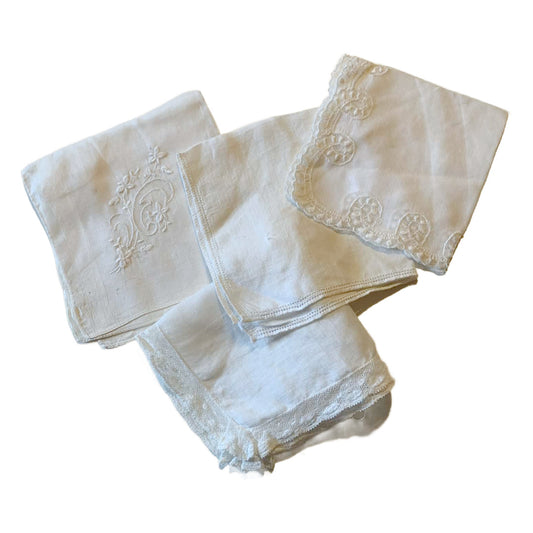 Lot 4 White Cotton Handkerchiefs with Lace or Tatting circa 1950s