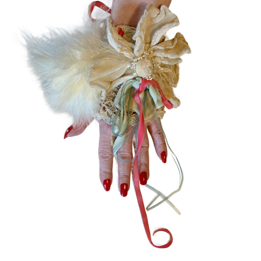 Abbeydale Reimagined Antique Lace as Wrist Cuff Velvet Flower, Feather and Ribbons