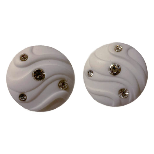 White Carved Plastic Button Clip Earrings with Rhinestonescirca 1980s
