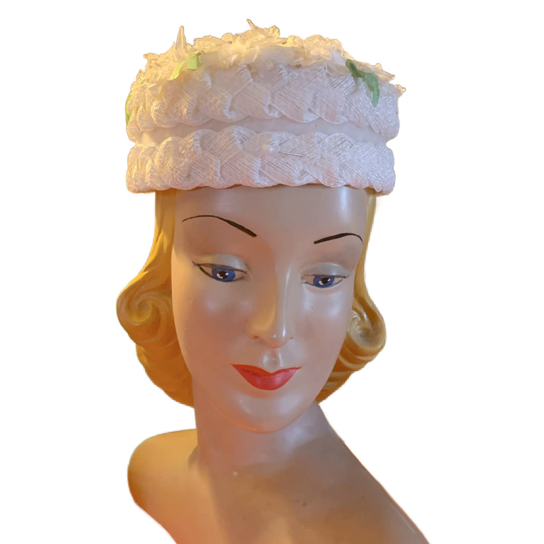 Snow White Silk Flower Topped Pill Box Hat circa 1960s