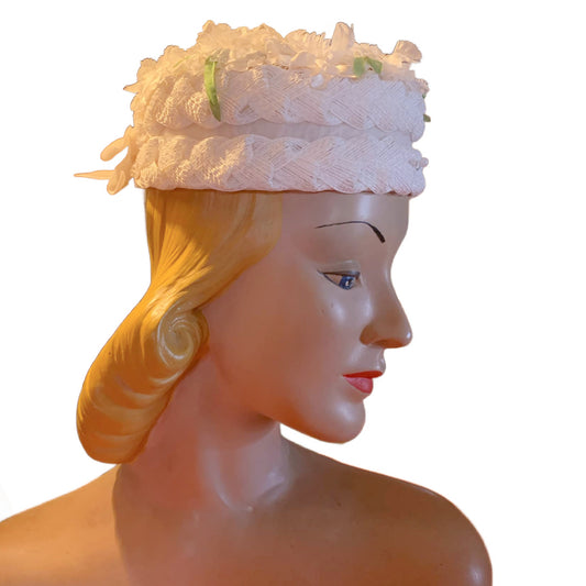 Snow White Silk Flower Topped Pill Box Hat circa 1960s