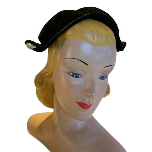 Black Velvet Cocktail Hat with Winged Sides and Pearlescent Beads circa 1950s