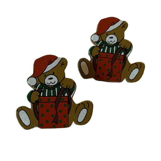 Charming Painted Wood Christmas Teddy Bear Pierced Earrings circa 1980s