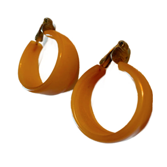 Warm Golden Yellow Bakelite Hoop Clip Earrings circa 1940s