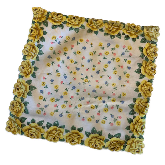 Yellow Rose Print Cotton Handkerchief circa 1950s
