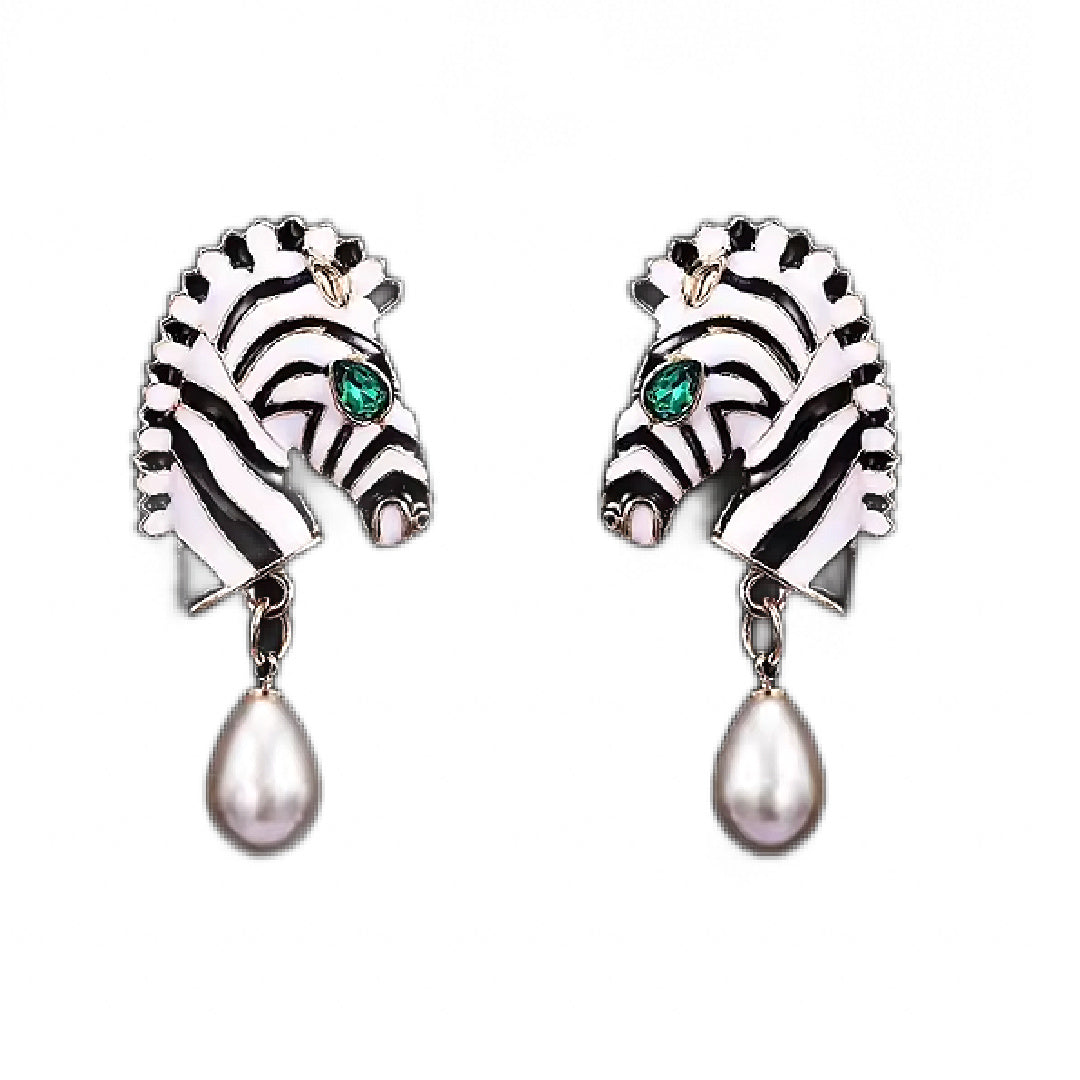 Zephyr- the Black and White Striped Zebra Earrings with Green Rhinestones
