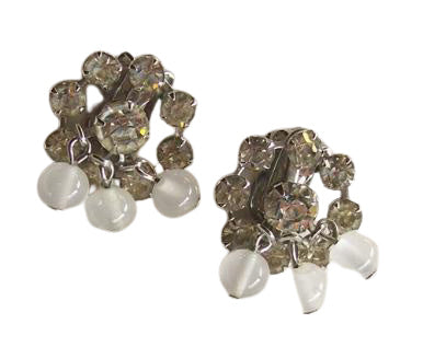 Rhinestone Clip Earrings w/ Opaque Bead Dangles circa 1950s by Weiss