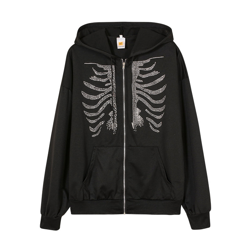 Skellyton Ribs Rhinestone Studded Zip Front Hoodie Red or Black