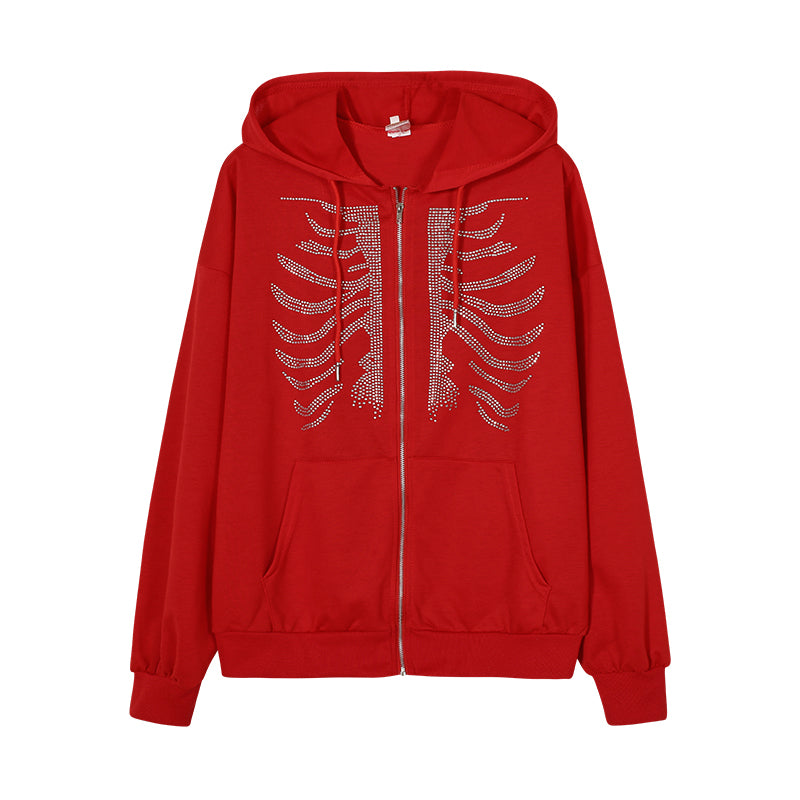 Skellyton Ribs Rhinestone Studded Zip Front Hoodie Red or Black