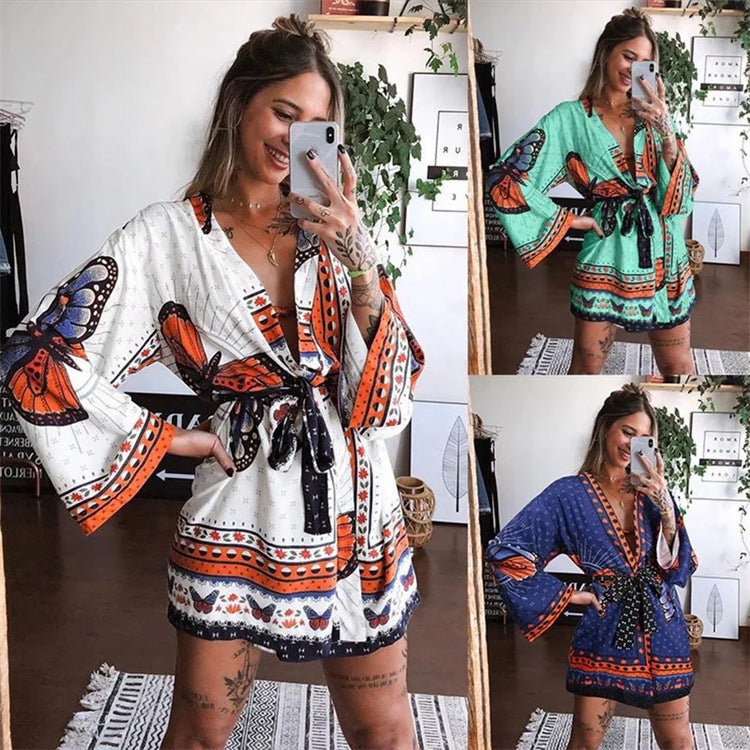 Big Butterfly Print Mini Kimono Robe